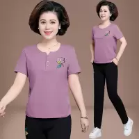 艳如飞妈妈夏装短袖t恤新款40岁50中年洋气上衣两件套中老年运动套装女休闲运动套装