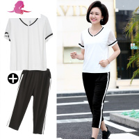 艳如飞妈妈夏装上衣中年女装洋气短袖T恤中老年休闲大码运动套装40岁50休闲运动套装