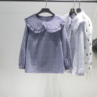 艳如飞原创女装早初春韩版小衫宽松格子上衣长袖百搭娃娃衫衬衫女大码衬衫