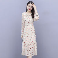 艳如飞波点连衣裙秋长款赫本风娃娃领长袖女春秋法式复古修身显瘦雪纺裙衬衫