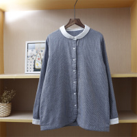 艳如飞文艺软糯双层棉纱 拼接彼得潘领千鸟格女衬衫 棉细格子打底女装衬衫