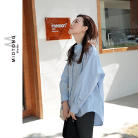 艳如飞白衬衫女宽松设计感小众长袖上衣复古港味休闲百搭棉蓝色衬衣潮衬衫