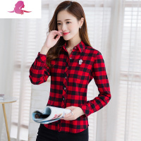 艳如飞纳2020早春新款休闲棉格子小熊衬衫韩版修身学生上衣女长袖衬衫