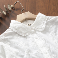 艳如飞精致刺绣花边彼得潘翻领 白色棉上衣 仙女款白衬衫女秋季新款衬衫