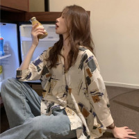 艳如飞日系古着感气质v领宽松涂鸦长袖雪纺衬衫女春季新款七分袖衬衣潮衬衫