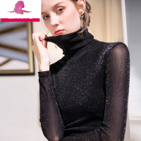 艳如飞丹语高领打底衫女秋冬新款内搭长袖洋气小衫亮丝网纱上衣女闪光丝衬衫