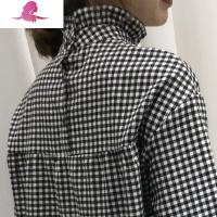 艳如飞减龄复古木耳边领黑白格子上衣长袖立领女士衬衫秋冬打底宽松大码衬衫