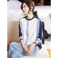 艳如飞晨百莉春秋季韩版撞色洋气小衫拼接T恤女长袖圆领打底衫宽松上衣衬衫