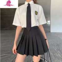 艳如飞[三件套]20领带衬衫女学院风jk制服百褶裙套装女夏宽松学生韩版衬衫
