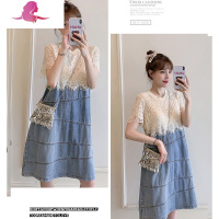 艳如飞春夏季新款大码女装胖mm显瘦蕾丝拼接短袖连衣裙宽松牛仔裙假两件连衣裙