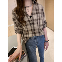 艳如飞棉麻衬衫女春装百搭宽松中长款t恤格子上衣大码胖mm遮肚显瘦外套衬衫