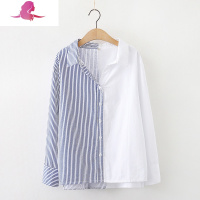 艳如飞2020春秋新款文艺小清新V领拼色不对称长袖棉衬衫女式休闲条纹衬衫