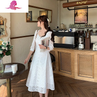 艳如飞白色法式蕾丝连衣裙女仙春装收腰显瘦气质七分袖茶歇复古长裙过膝连衣裙