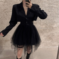 艳如飞法式轻熟风气质小黑裙女早春新款拼接纱网西装后背性感露腰连衣裙连衣裙