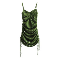 艳如飞澳洲小众度假性感礼服短裙子显白绿色复古波点修身显瘦吊带连衣裙连衣裙