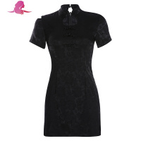 艳如飞复古改良版短袖旗袍连衣裙性感女收腰显瘦开叉镂空设计感短裙包臀连衣裙