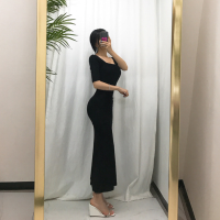 艳如飞韩国性感气质紧身弹力褶皱棉连衣裙收腰包臀鱼尾过膝长裙打底超连衣裙