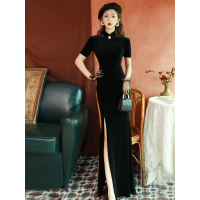 艳如飞黑色丝绒鱼尾旗袍性感长款显瘦老上海中国风日常生活装连衣裙女秋连衣裙