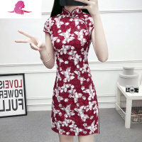 艳如飞优雅改良旗袍连衣裙夏短款修身淑女蕾丝红色旗袍中长款旗袍裙女连衣裙