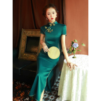 艳如飞绿色旗袍2020年轻款少女复古老上海中国风长款日常生活装连衣裙夏连衣裙