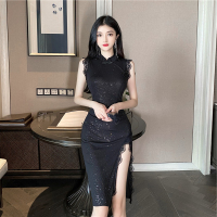 艳如飞法式少女年轻款高开叉蚀骨改良版旗袍裙子闪光性感紧身蕾丝连衣裙连衣裙