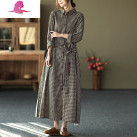 艳如飞园园美衣新款复古格子棉麻连衣裙女显瘦系带过膝长裙气质长袖女裙连衣裙