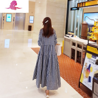 艳如飞2020春季新款棉麻格子连衣裙女韩版宽松大码过膝长款九分袖胖妹妹连衣裙