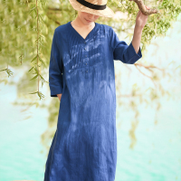艳如飞亚麻连衣裙棉麻宽松显瘦复古文艺休闲旅行新款春夏褶皱直筒长裙连衣裙