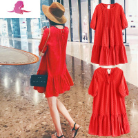 艳如飞海边度假沙滩裙遮肚棉麻裙子鱼尾裙婚裙小个子宽松红色连衣裙夏装连衣裙