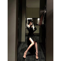 艳如飞周章章 复古赫本风气质修身开叉小黑裙春季长款显瘦高级感连衣裙连衣裙