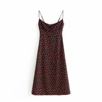 艳如飞法式小众复古少女夏季新款黑色小野玫瑰碎花 显瘦高腰吊带连衣裙连衣裙