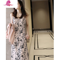 艳如飞国民初恋粉 优雅法系樱粉色桔梗碎花排扣装饰印花吊带连衣裙夏女连衣裙