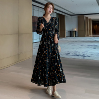 艳如飞早春法式初女长裙脚踝气质高冷御姐轻熟风及踝黑色碎花连衣裙连衣裙