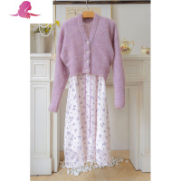 艳如飞紫色法式小碎花连衣裙初恋系古着长裙桔梗温柔复古毛衣两件套气质连衣裙