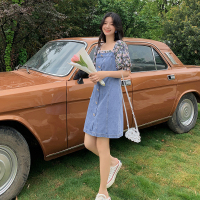 艳如飞蓝语大码女装胖妹妹mm减龄碎花泡泡袖连衣裙夏装新款遮肚牛仔裙子连衣裙