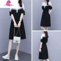 艳如飞2020夏装新款大码宽松中长款连衣裙女显瘦收腰拼接撞色休闲气质裙连衣裙