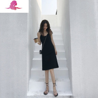 艳如飞黑色吊带连衣裙女夏收腰显瘦性感法式过膝长裙春装气质打底小黑裙连衣裙