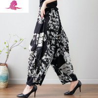 艳如飞哈伦裤女休闲长裤子夏季民族风印花阔腿裤宽松棉麻吊裆裤灯笼裤女休闲裤