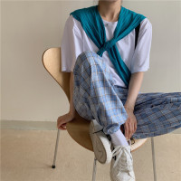 艳如飞蓝色格子裤女夏季薄款宽松直筒束脚裤显瘦阔腿高腰垂感休闲长裤潮休闲裤