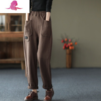艳如飞园园美衣新款复古松紧腰棉休闲裤女贴布口袋哈伦裤百搭色长裤