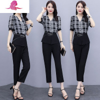 艳如飞大码女装2020夏装新款套装胖妹妹衬衫女宽松显瘦格子两件套小脚裤休闲裤