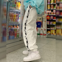 艳如飞奶牛纹串标运动裤女春秋新款韩版学生休闲宽松束脚裤百搭直筒裤子休闲裤