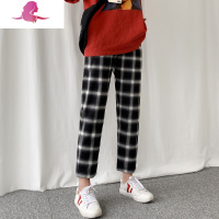 艳如飞黑白格子裤女春秋2020新款宽松哈伦裤韩版学生高腰古着直筒阔腿裤休闲裤