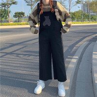 艳如飞日系软妹宽松可爱小熊刺绣背带裤子女春秋新款学生韩版百搭连体裤休闲裤