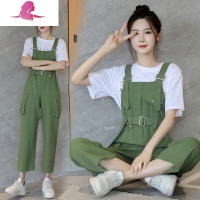 艳如飞工装闺蜜背带裤女夏季韩版宽松显瘦学生高腰九分阔腿裤套装连体裤休闲裤