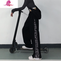 艳如飞大码胖mm豹纹排扣休闲裤长裤女2020秋冬新款高腰宽松直筒阔腿裤潮