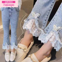 七斓女童牛仔裤喇叭裤春款2022新款中女大童蕾丝花边韩版长裤儿童裤子