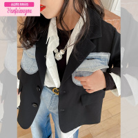 七斓儿童拼接牛仔西服 2022春季新款中大童休闲韩版西装外套潮