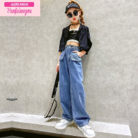 七斓女童牛仔裤秋款韩版时髦宽松时尚直筒拖地长裤子儿童洋气阔腿裤潮