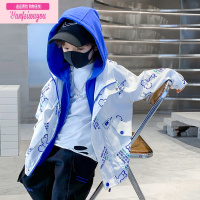 七斓男童秋装白色外套儿童假两件连帽上衣2022新款洋气潮牌男孩运动服